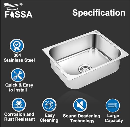 Image of Fossa 18x16x9 Inch ๐-๐๐๐๐ ๐๐๐๐๐๐๐๐ Single Bowl Stainless Steel Kitchen Sink with Coupling Heavy Duty Sink for Home Modular Kitchen Deep Bowl Drain System Silver (Glossy Finish)