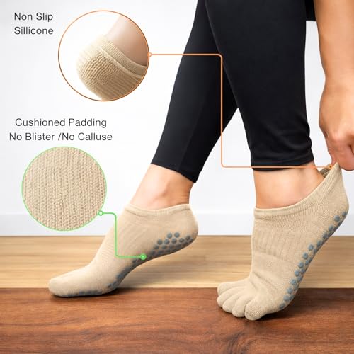 Image of Soxsense Pilates Grip Toe Socks for Women & Men, Cushioned Low-Cut Five Finger Socks Non Slip for Yoga, Barre, Gym