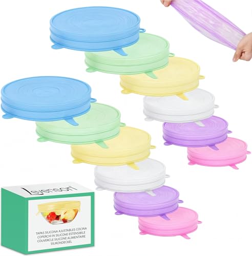 Tapas Silicona Ajustables Cocina 12 piezas Reutilizables y Ecologicas Adaptables a botes y recipientes Sin BPA y Apta para Lavavajillas Excelente para Conservar Alimentos Frescos