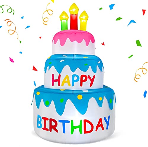 Turnmeon BR-01-US1-1 4 Ft Inflatable Happy Birthday Cake Decorations Outdoor Lighted Blow Up Holiday Birthday Party Decor cover