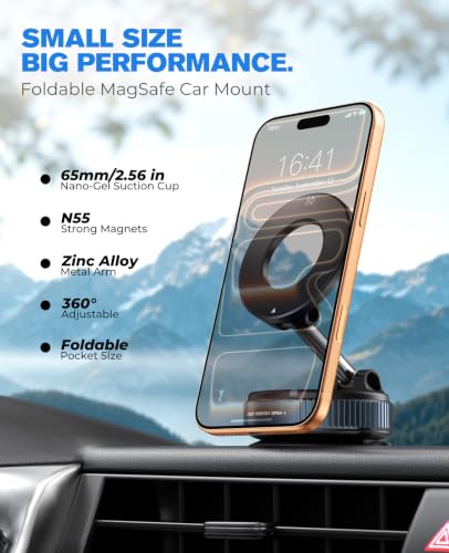 Image of Jononser Magnetic Car Phone Holder for MagSafe, Nano-Gel Suction Cup Car Phone Mount for Car Dashboard & Windshield, Pocket-Size Foldable 360 Adjustable Car Mount for iPhone 17 16 15 14 13 12 Series