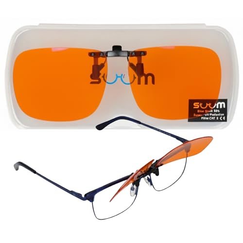 SUUM Clip-On de Pinza Abatible Filtro Luz Azul para Gafas Graduadas - Lentes Naranja Antifatiga para Pantallas y Lectura - Clip Luz Azul para Gaming y Trabajo con Visión Dual sin Quitar la Montura