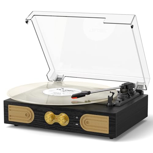 Image of Vinyl Record Player with Speakers, Bass Control, 3-Speed Turntable