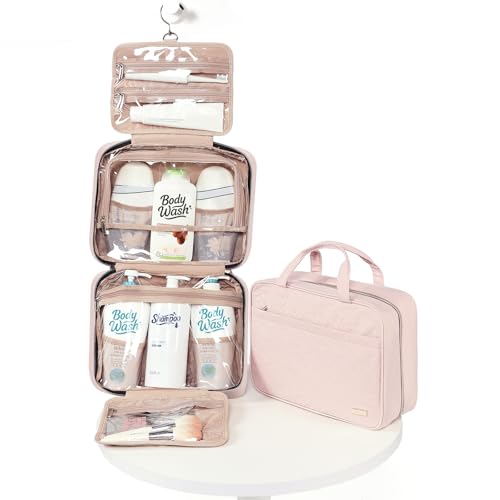Image of NISHEL Travel Toiletry Bag for women, Portable Hanging Organizer for Family-Sized Shampoo, Conditioner, Brushes Set, Makeup Accessories, Extra Large Size, Pink