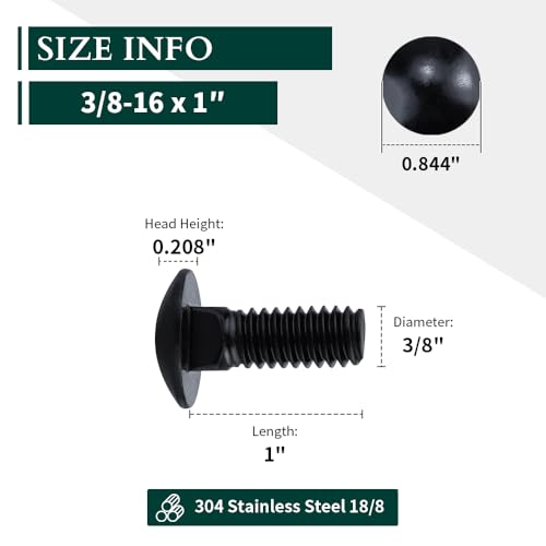 Image of 3 /8-16 x 1 Black Steel Carriage Bolts, 304 Stainless Steel 18-8, Round Domed Head Square Neck Carriage Bolts Screws, Coarse Thread UNC, 10 PCS