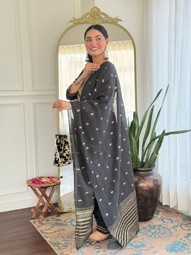 Image of Yashika Women's Black Embroidered Cotton Slub Fabric Straight Kurta, Pant and Dupatta Set | Kurta Set for Women