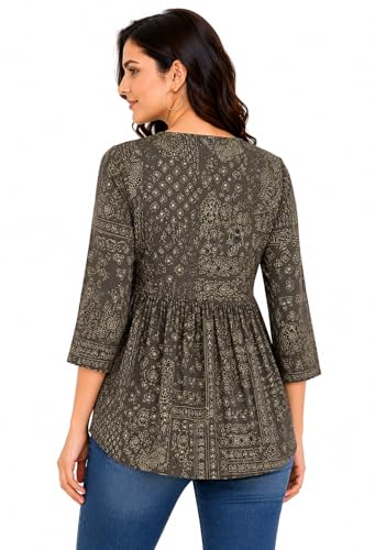 Image of ATTEM Women's Pure Cotton Printed Top | Casual Western Tunic for Women | 3 /4 Sleeve V-Neck Tie-Up Regular Fit Top | Office Wear