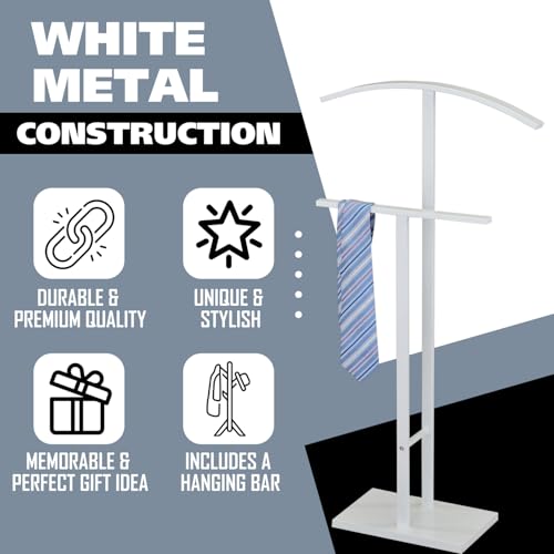 Image of Kings Brand Furniture Dossi Modern Metal Suit Valet Stand, Clothes Rack Organizer with Jacket, Pants & Tie Holder, Space-Saving Garment Rack for Bedroom or Closet (White)