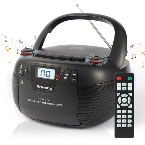 M-Amazup Boombox CD Player Portable Cassette Player with CD MP3 Bluetooth AUX TF/USB AM/FM Radio AC/DC Powered with Remote Control, Headphone Jack, Stereo Sound for Home,Kids,Gift(Black)