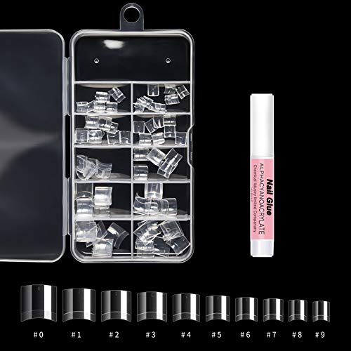French Nail Tips Short Style 100PCS Clear Lady French Style False Nails with Box Half Cover Acrylic Artificial Tip Manicure with Nail Glue for Nail Salon (10 sizes) (Clear)
