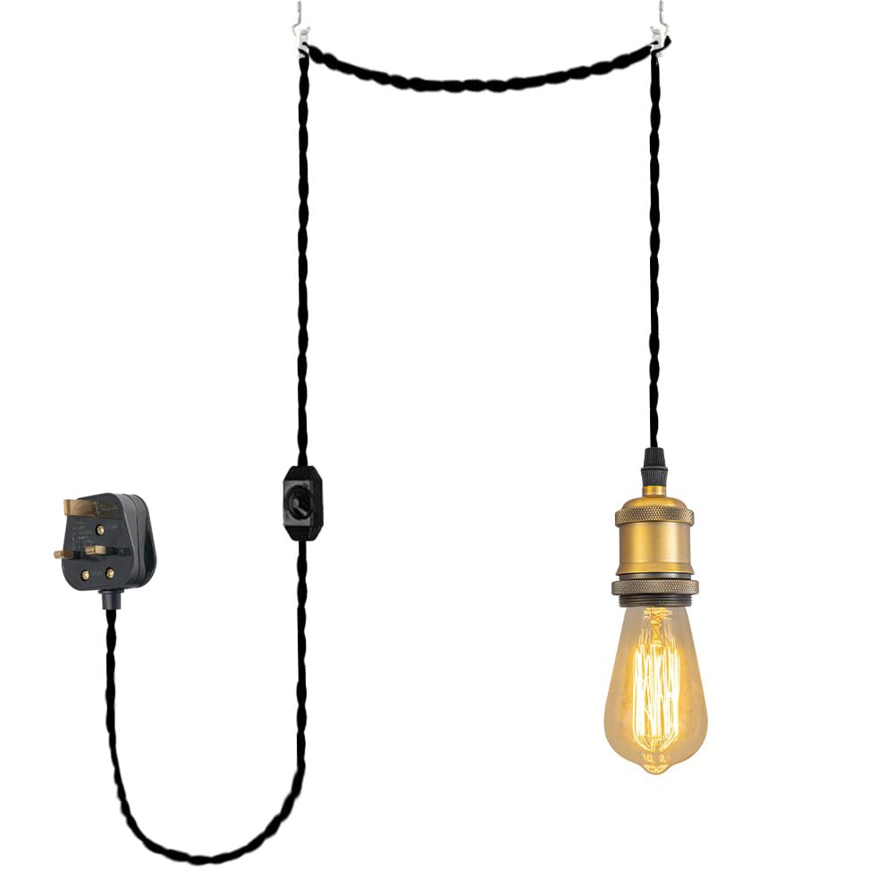 FSLiving 4.5 Meters of Black Twisted Fabric Cable Plug in Pendant Lighting Kit Pendant Light Fitting with Dimmer Switch and E27 Matte Gold Lamp Holder — image 1