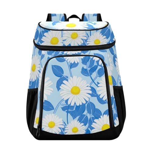 Daisy Floral Blue Cooler Backpack Leakproof Insulated Lunch Cooler Bag 30 Cans Camping Backpacks for Beach Picnic Road Trip