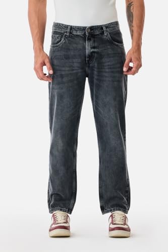 Image of SNITCH Men Casual Jeans | Relaxed Fit Straight Leg Washed Pattern & Drawstring Closure | 100% Cotton Denim Fabric for All Day Comfort & Everyday Wear