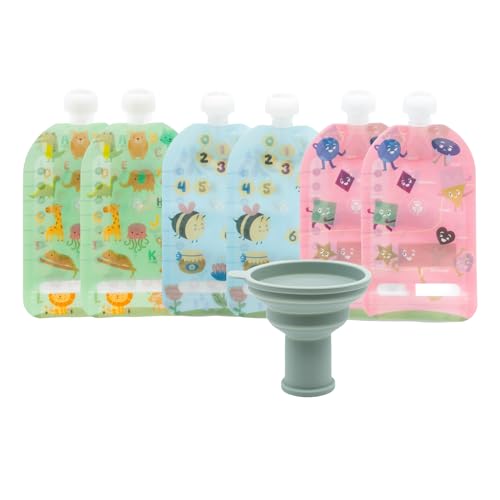 Image of WeeSprout Double Zipper Reusable Food Pouches, Perfect for Babies & Toddlers, Freezer & Dishwasher Safe (Educational, 7 Fl Oz (Pack of 6) + Pouch Filler)