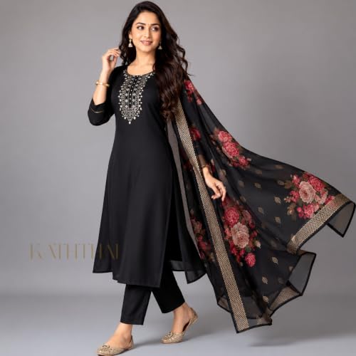Image of Kaththai Women Embroidered Kurta and Pant Set with Dupatta | Ethnic Suit Set for Women | Floral Printed Organza Dupatta | Festive, & Traditional Kurta Set