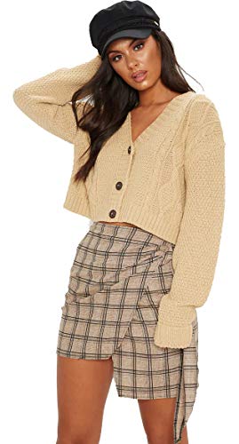 Image of Crazy Girls Women's Ladies Long Sleeve 3 Button Cropped Chunky Aran Cable Knitted Grandad Cardigan (12-14, Beige)