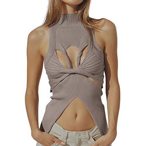 Image of Women Strapless Crop Top Sexy Hollow Out Twist Front Knitted Tank Tops Sleeveless Y2K High Neck Cut Out Sweater Vest