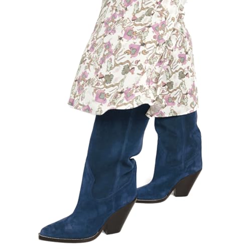 LEHOOR Women Cowboy Knee High Boots Chunky Block Heel Pointed Toe Suede Western Cowgirl Boots Wide Calf Pull On 3" High Stacked Heels Tall Dress Boot Fall Fashion Winter Riding Boot Retro 4-11 M US4