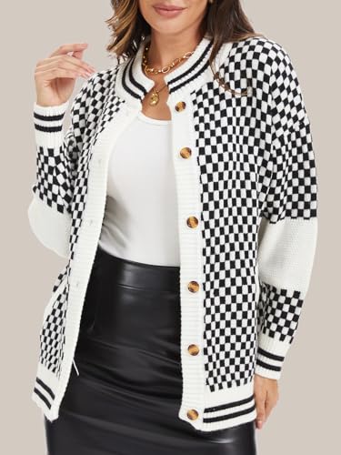 Checkerboard Knit Cardigan for Women Fall 2025 Drop Shoulder Button Front Black and White Sweater with Pockets4