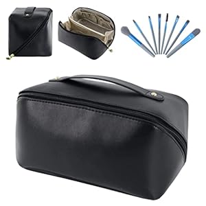 New Version Travel Cosmetic Bag, Makeup bag with 8PCS Burshes Waterproof Portable with Handle and Divider Skincare Bag, PU Leather Large Capacity Hanging Toiletry Bag-Black