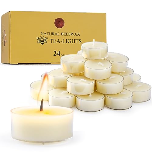 Natural Beeswax Tealight Candles - 24 pcs - Organic Small Candle Natural Scent Smokeless Clean Burning-White