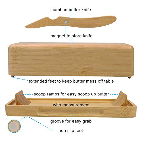Bamboo Butter Dish with Measurements and Knife by HTB, Smart Covered Butter Keeper, Extended Feet to Keep Butter Mess Off the Table, Easy Scoop Ramps, Magnetic to hold the butter-covered knife