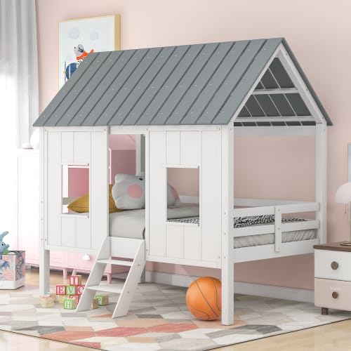 Low Loft Bed Twin Size with Windows and Roof, Cute Kids House Loft Bed with Rails and Ladder, Solid Wood Playhouse Bed Frame with Under-Bed Storage for Kids, White