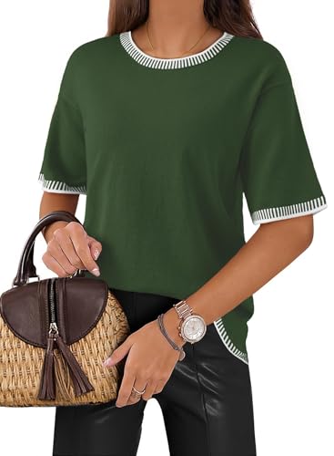 Dokotoo Womens Tops Round Neck Striped Contrast Short Sleeve Lightweight Loose Pullover Sweaters for Women 2025