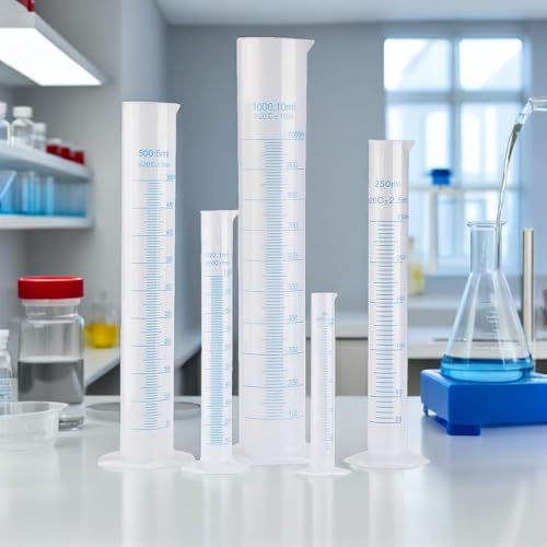 Probetas graduadas de plástico transparente en pack de 5 unidades con base pentagonal estable 6