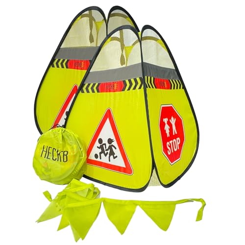 HECKBO Straßenwarnschild Achtung Kinder - Schild Mit Spielenden Pylonen + Wimpelkette - Straßenpylone Sicherheit Safety Pop Up Set - Vorsicht Street Buddy Warnkegel