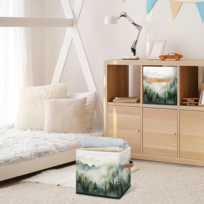 Green Misty Forest 11 Inch Cube Storage Bins Nature Woodland Foldable Fabric Storage Baskets with Handles Collapsible Square Organizers Box for Closet Shelves Clothes