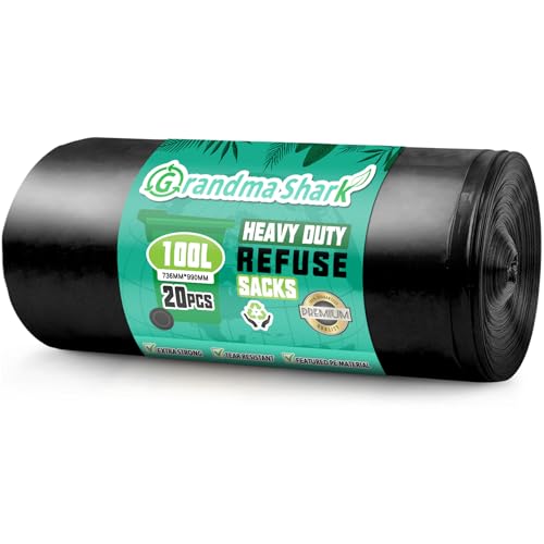 GRANDMA SHARK 100L Heavy Duty Bin Bags, Recycled Material Refuse Sacks, Strong 33 Micron Black Bin Bags, 20 Pack for Home & Commercial Waste Disposal, Durable & Leak-Proof