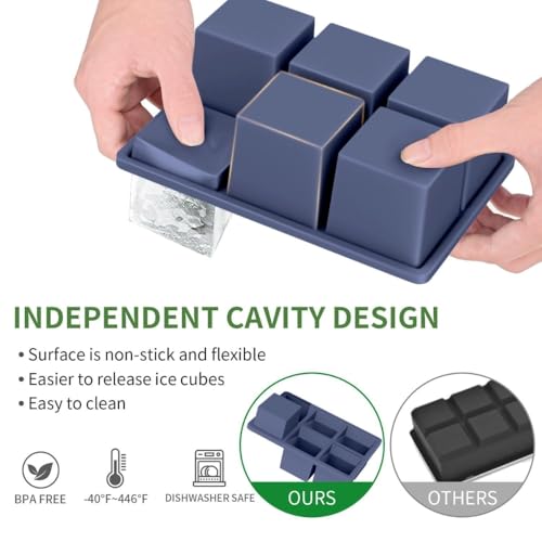 Image of Ice Cube Molds with Lid,Big Silicone Ice Cube Tray for Whiskey,2Inch Square Ice Cube Tray,Easy-Release Ice Mold,Giant Ice Cubes for Bourbon Cocktail (2, Navy Blue)