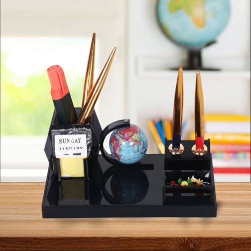 Image of Acrylic Pen Stand For Stylish Office Desk Organiser with Globe, Pen Holders, Multipurpose Stationery Desk Organizer Smoke Black Color Pack Of 1 (With Two Special Pen)