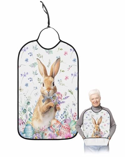 LEOKOTI Easter Bunny Adult Bibs for Eating, Waterproof Bibs with Food Catcher & Snap Closure, Spring Floral Botanical Colorful Eggs Colorful Washable Clothing Protectors Adult Bibs for Elderly