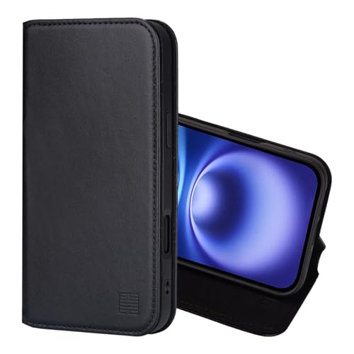 32nd Classic Series 2.0 - Real Leather Book Wallet Flip Case Cover For iPhone 16 (6.1), With RFID Blocking Card Slot, Magnetic Closure and Built In Stand - Black