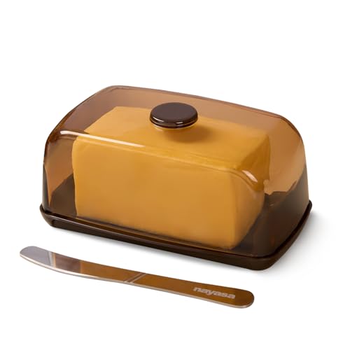 Image of Nayasa Smart Transparent Butter Dish with Lid & Butter Knife | BPA-Free Food Grade Plastic Butter Storage Container | Easy to Clean Butter Keeper for Butter, Cheese & Table Serving | Brown
