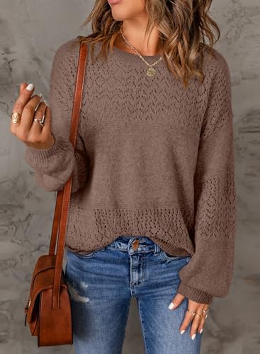 Image of SHEWIN Women's Sweaters Casual Long Sleeve V Neck Crewneck Lightweight Crochet Pullover Sweater Tops