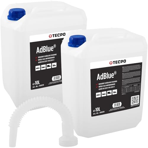 TECPO AdBlue - Solución de urea SCR para limpieza de gases de escape Ad Blue con embudo, bidón y boquilla diésel TDI con manguera de llenado para coche, camión, coche