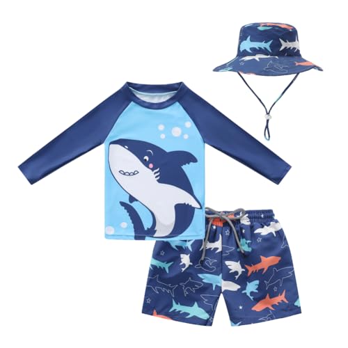 Image of Baby Boys Swimsuit, 3-Piece Toddlers Swimsuit Trunk Long Sleeve Rashguard Swimwear and Sun Hat Set