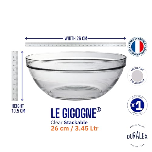 Image of Duralex France Gigogne Clear Stackable Glass Bowl 3.45L | 1 Bowl | Use for Dough, Batter, Mixing & More | Scratch-Resistant, Durable, Microwave & Dishwasher Safe