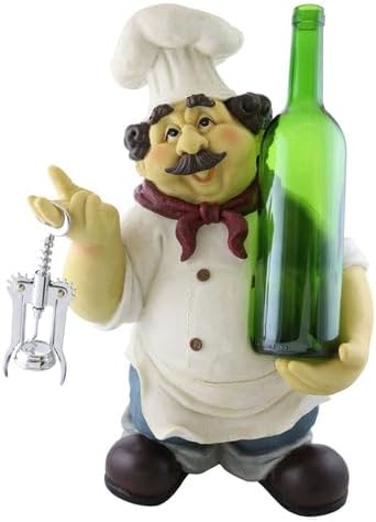 Wine Bottle Rack Holder in Metal with a Chef Holding a Corkscrew Fits Any Standard 750ml Wine or Liquor Bottle in Silver