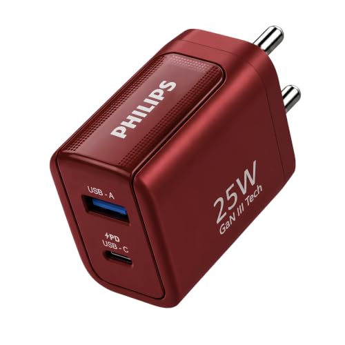 Image of Philips DLP4321NR /94 Gen III Tech 25W Fast Charging Wall Charger (Iron Red) | USB-C PD + USB-A | 2-Port Multi-Device Charger for Smartphone, Tablet, Earbuds & Accessories | Compact Travel Adapter