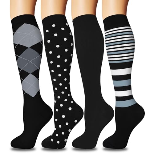 ACTINPUT 4 Paar Kompressionsstrümpfe für Damen Herren, Bunte Stützstrümpfe Kompressionssocken für Sport, Flug, Laufen, Reisen, Radsport, krankenschwester（4103 - Schwarz，L-XL）