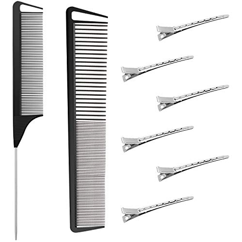 2 Pieces Carbon Fiber Combs Rat Tail Comb and Fine Cutting Comb with Wide and Fine Teeth, 6 Metal Alligator Curl Clip Duckbill Clip Salon Hairdressing Care Tools for Women Men Most Hair Types