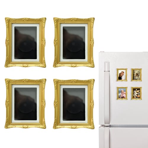 PYOAGT 4 Pack Magnetic Picture Frames for Refrigerator - 3x2 Vintage Mini Gold Photo Frames(Dimensions with Card Size2.4 X 1.6) Antique Ornate Paintings DIY Kitchen Decor Home & Office Decorative Gift (Classic Gold)