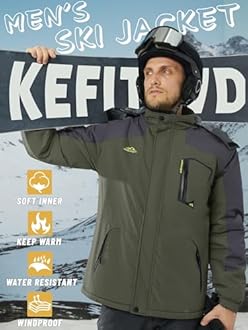 KEFITEVD Men's Waterproof Fleece Jackets Winter Warm Ski Raincoats Outdoor Thermal Coats with Detachable Hood