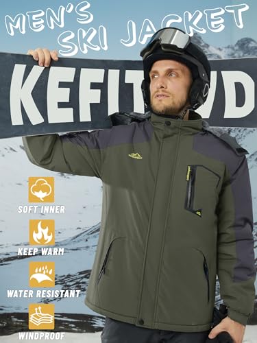 KEFITEVD Men's Waterproof Fleece Jackets Winter Warm Ski Raincoats Outdoor Thermal Coats with Detachable Hood