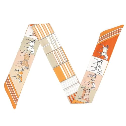 Horse Equestrian Skinny Scarf for Women Handbag - Silk Like Ribbon Neckerchief - H, Bag, Purse, Handbag, Hair, Handle, Accessory, Gift (Orange and Taupe)