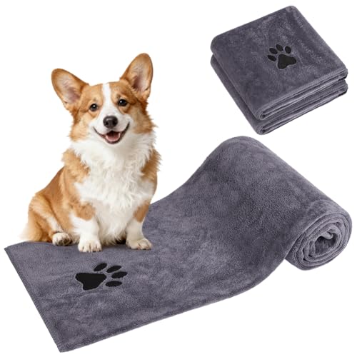 Adiwo 2 Stück Hunde Handtuch, 100 * 50 cm Hundehandtuch Extra saugfähig, Schnelltrocknend Haustier Mikrofaser Handtücher, Geschenk Geeignet für Hunde Katzen Oder Andere Haustiere, Grau